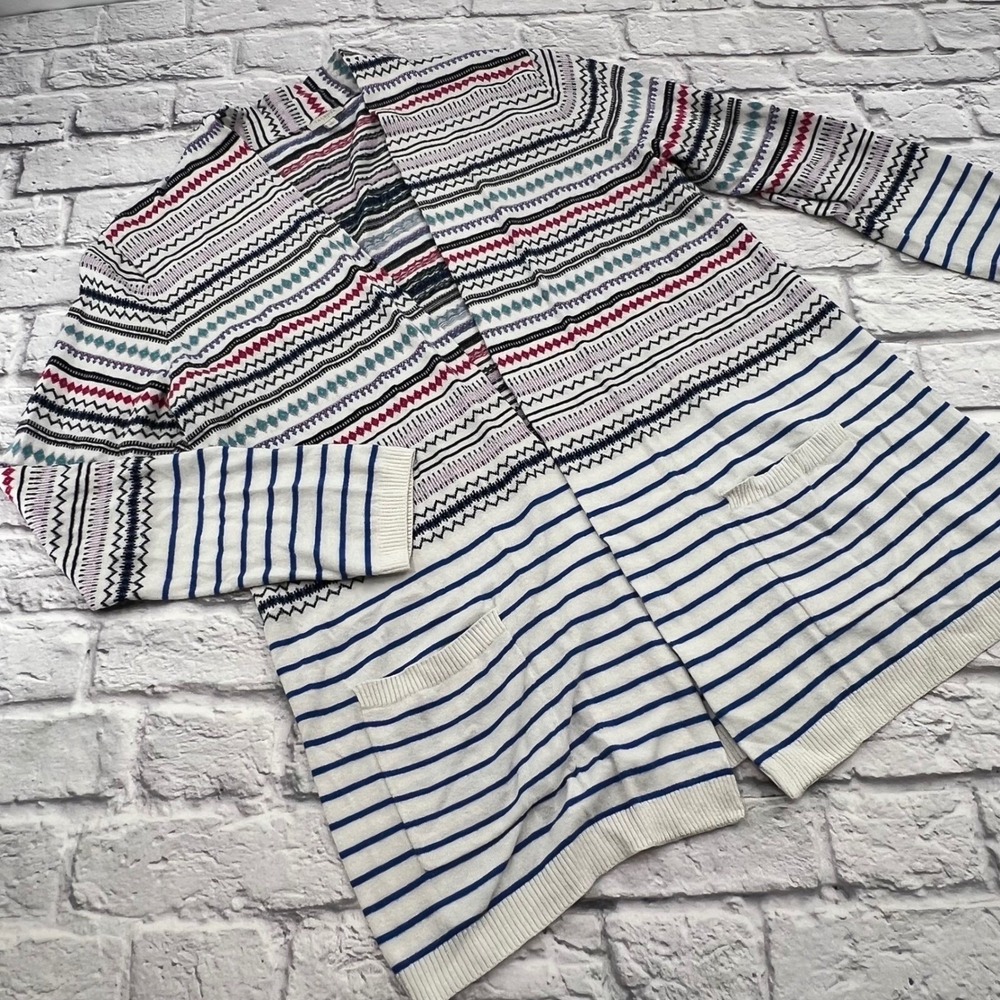 Talbots Womens Large Cardigan Open Front Mixed Stripe Pockets Multi Color Casual